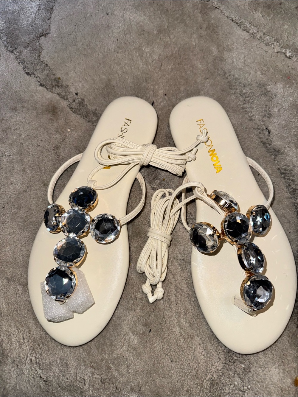 Fashion Nova White Crystal Lace-Up T-Strap Sandals